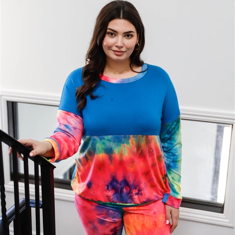 Blue Neon Rainbow Tie-dye Colorblock Long Sleeve Top & Biker Shorts Set - Plus